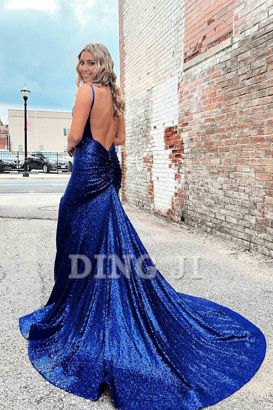 DingJiDress Sparkle Evening Dress Royal Blue Spaghetti Strap Mermaid Cultivate oneself Prom Dress Backless Side Fork Sweep Train Formal Wear Dresses Wedding Guest Dresses