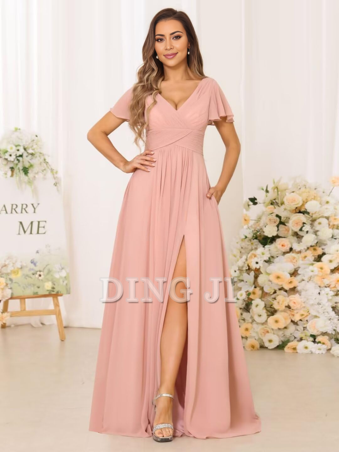 DingJiDress Bridesmaid Dresses Exquisite V Neck Pleated Side Slit Romantic Formal Wear Dresses