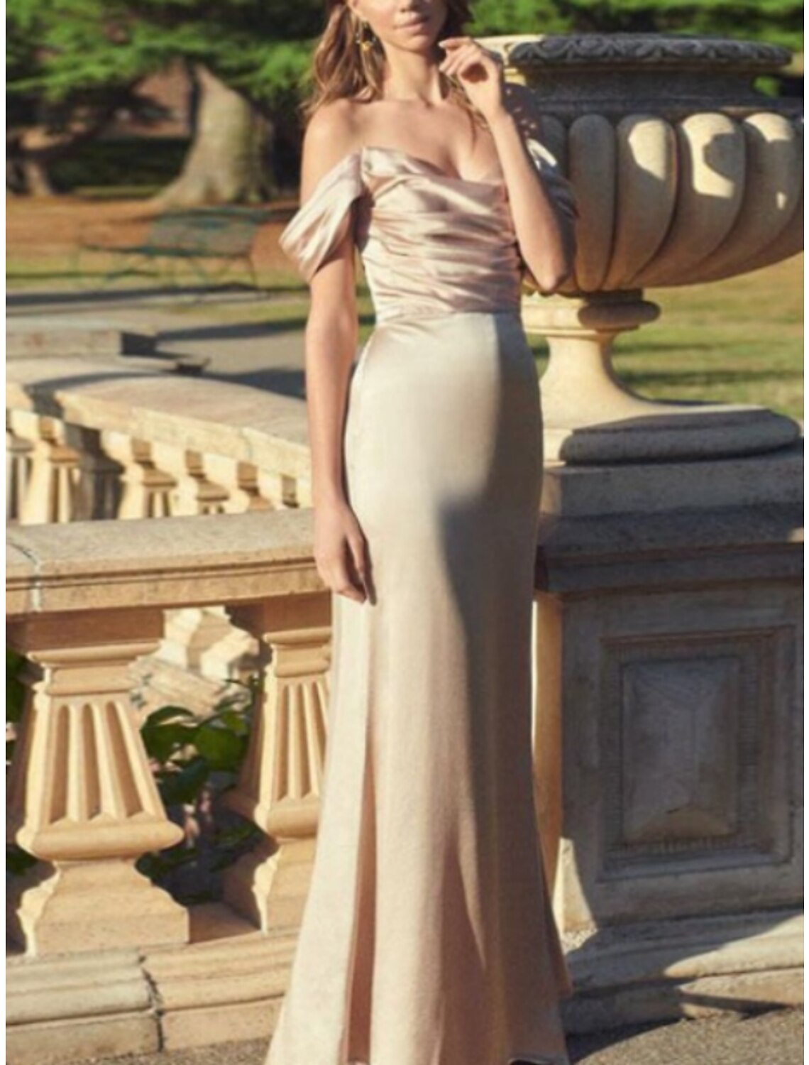 Sheath / Column Bridesmaid Dress Off Shoulder Short Sleeve Elegant Floor Length Charmeuse with Ruching