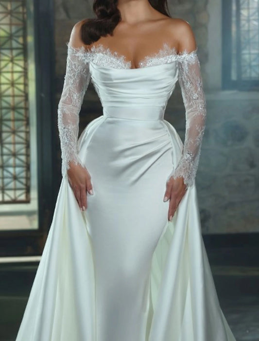 Engagement Formal Fall Wedding Dresses Sheath / Column Off Shoulder Long Sleeve Chapel Train Satin Bridal Gowns With Appliques