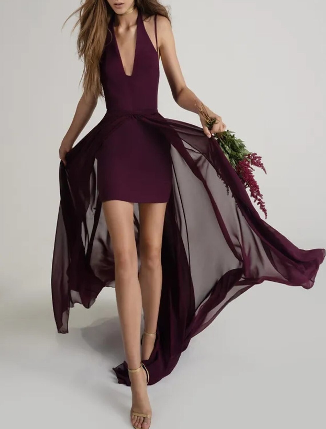Sheath / Column Bridesmaid Dress Halter Sleeveless Purple Short / Mini Chiffon