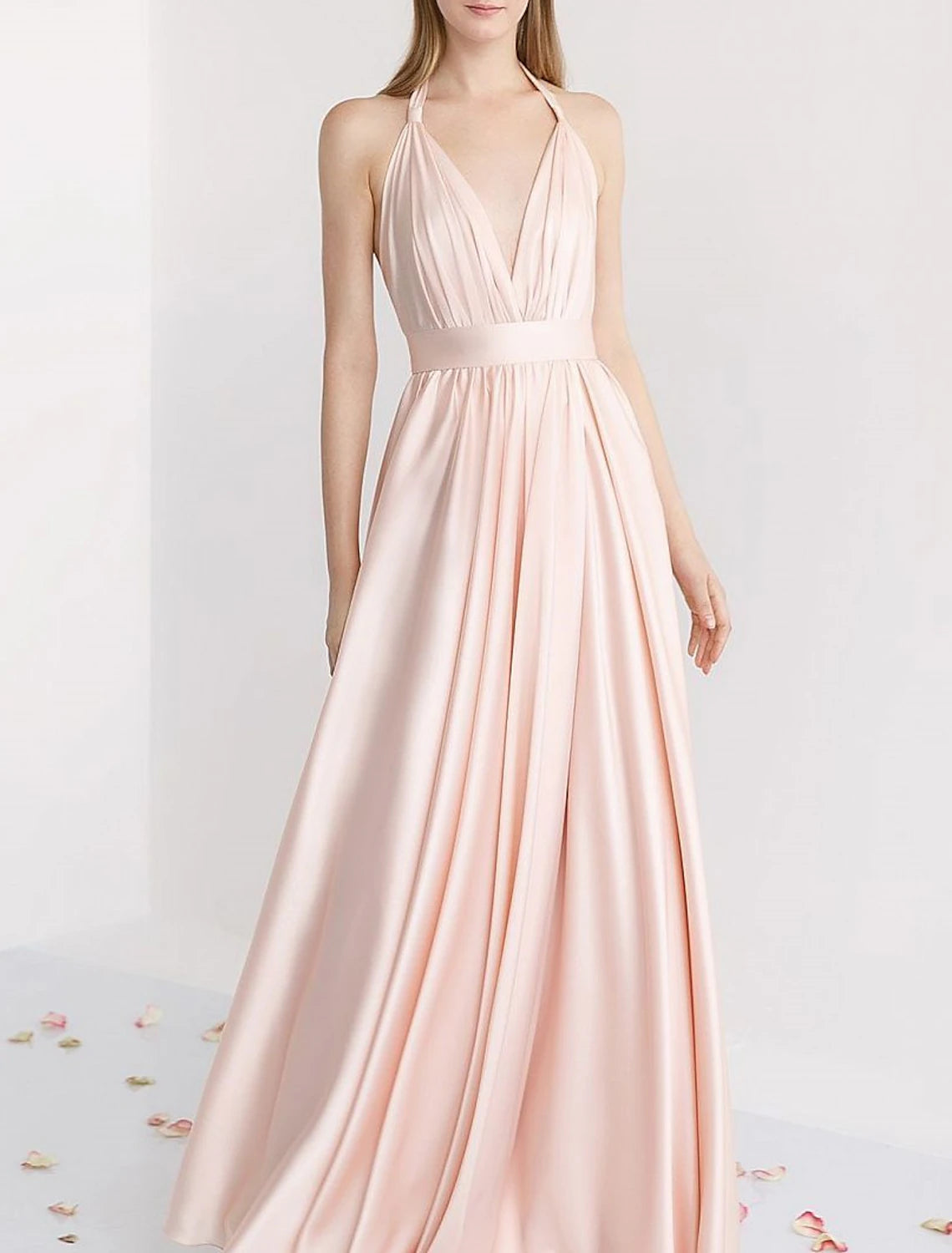 A-Line Bridesmaid Dress Halter Sleeveless Pink Floor Length Stretch Satin with Ruching