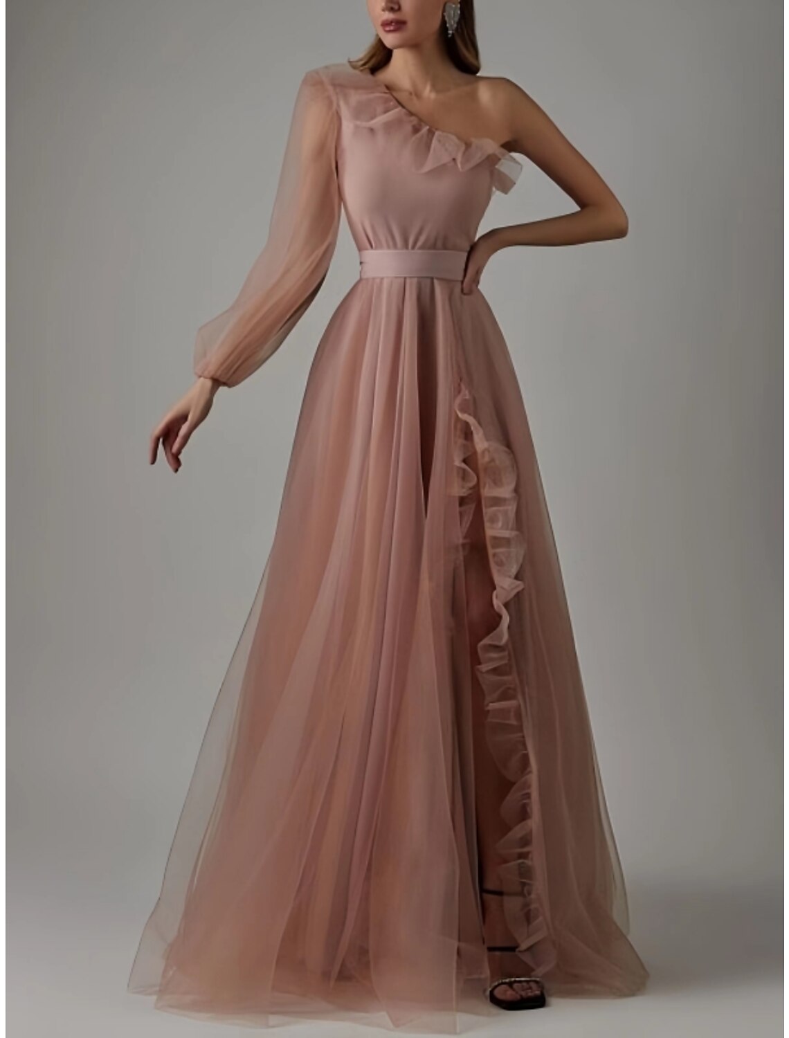 Sheath Prom Dress Elegant Black Dress Plus Size Evening Birthday Floor Length Long Sleeve One Shoulder Tulle with Pleats Ruffles