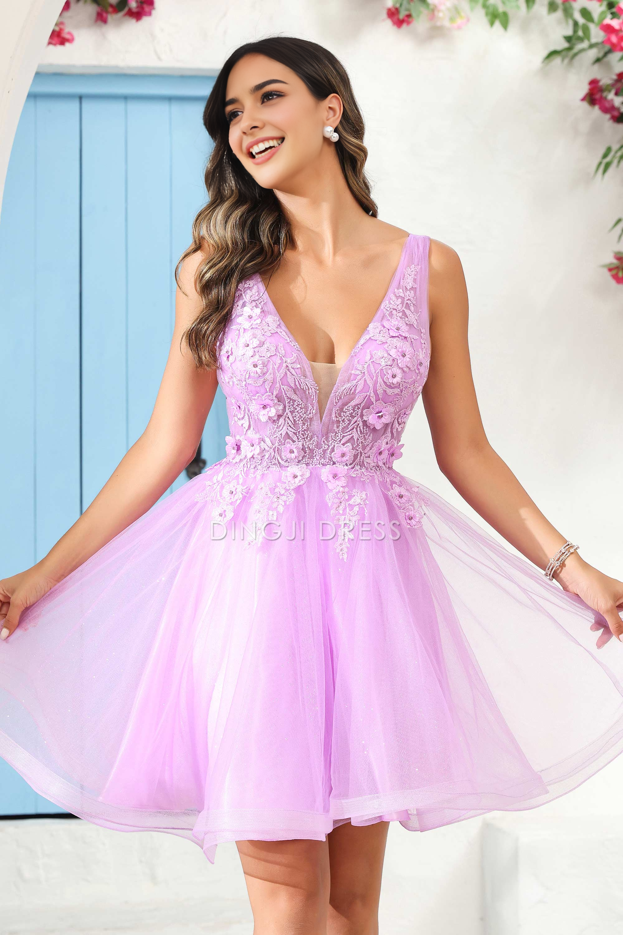 DingJiDress Hot Sale Homecoming Dress Gorgeous A Line Deep V Neck 3D Floral Applique Youthful Mini Dress