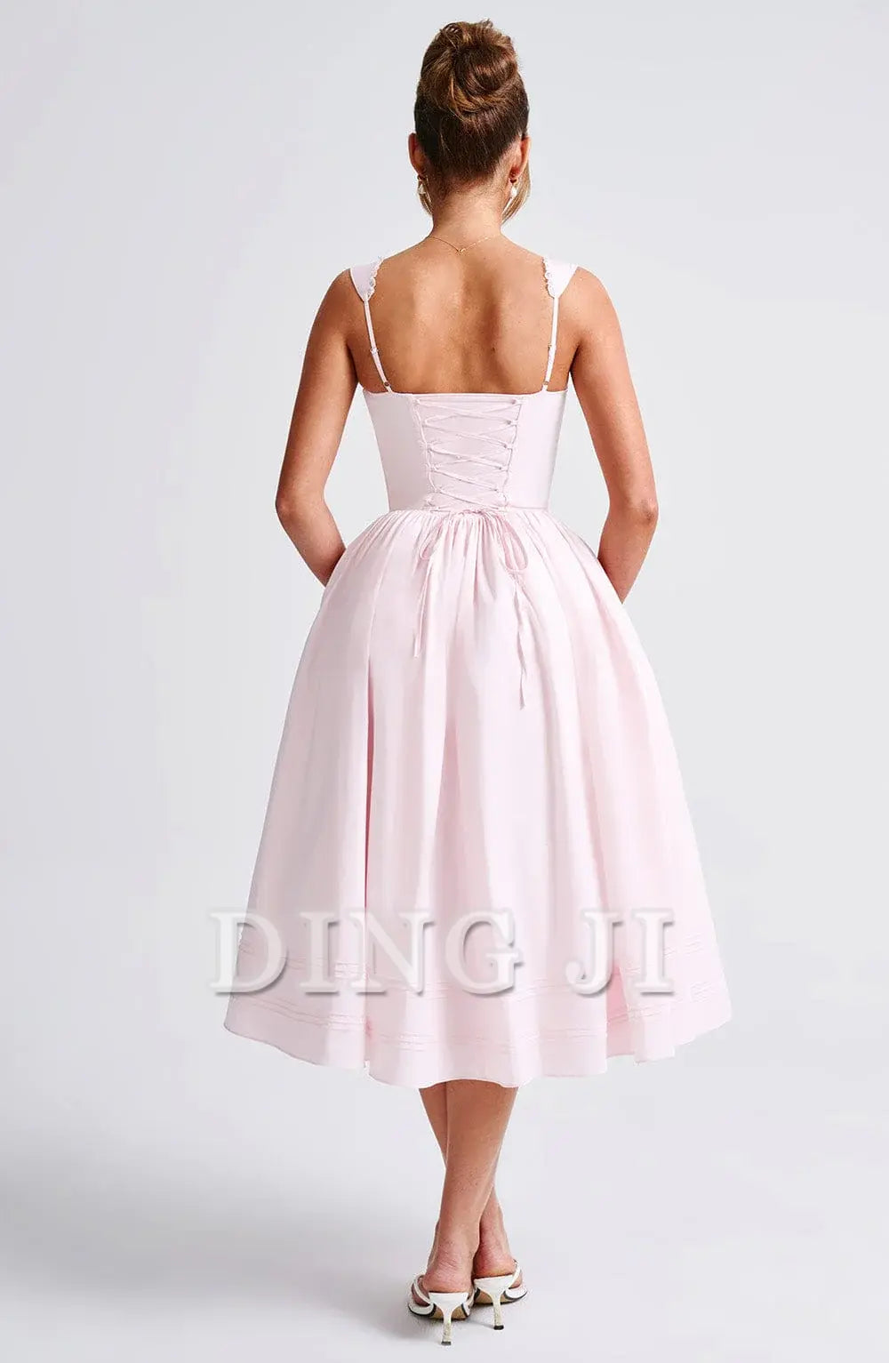 DingJiDress Bridesmaid Dresses Lace Trim Square Neckline Lace up sweet Midi Dress Formal Wear Dresses Wedding Guests Dresses