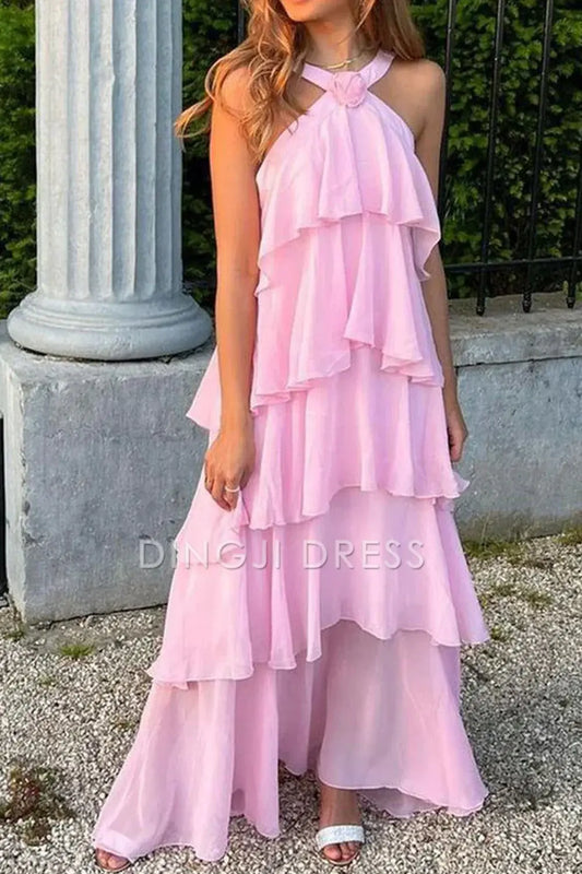 DingJiDress Princess A Line Halter Neck Long with Layering Ruffles Elegant Prom Dress