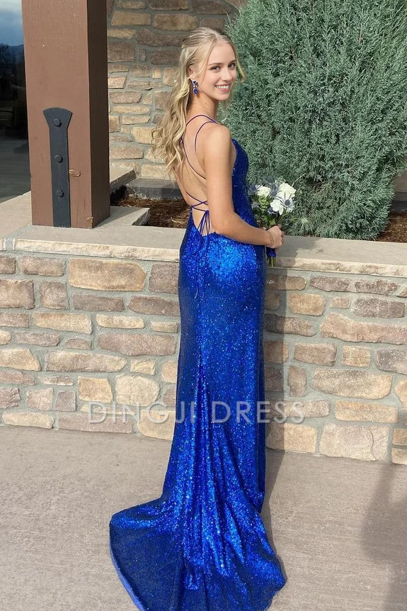 DingJiDress Formal Dress Charming Mermaid Spaghetti Strap Bateau Sleeveless Backless Lace Up Side Fork Party Sparkly Prom Dress