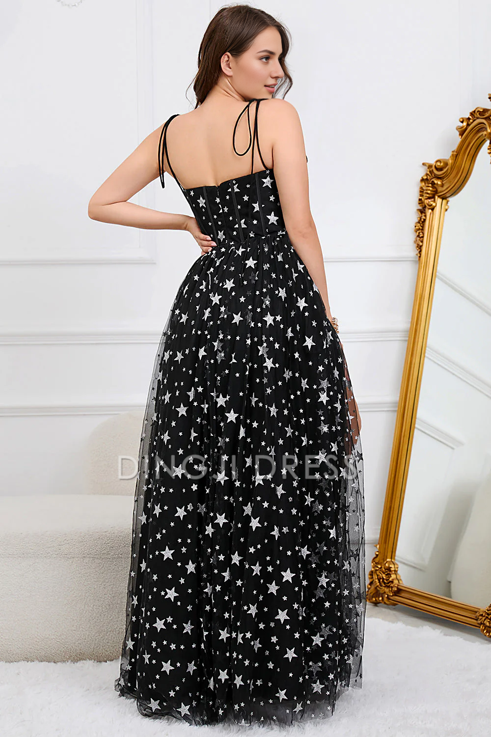 DingJiDress High Quality Dress Evening Dress Elegant Tulle A-Line Spaghetti Straps With Stars Side Fork Prom Dress