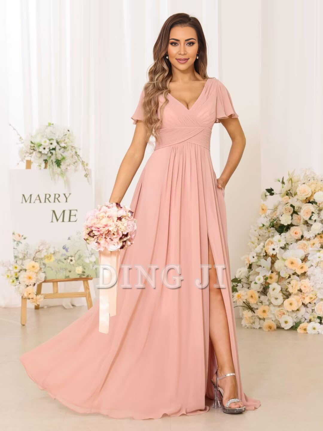 DingJiDress Bridesmaid Dresses Exquisite V Neck Pleated Side Slit Romantic Formal Wear Dresses