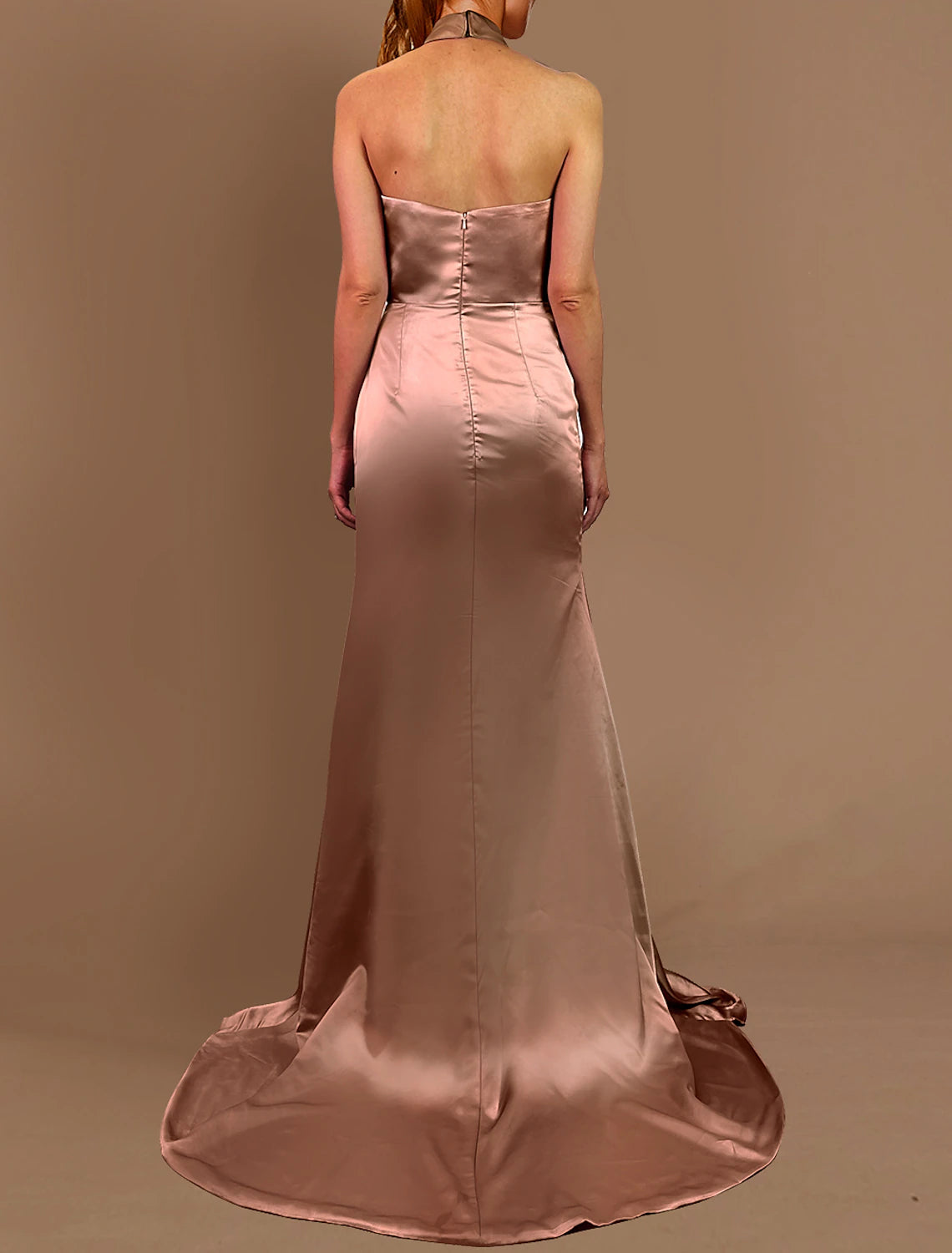 Mermaid / Trumpet Evening Gown High Split Dress Halter Neck Pink Dress Wedding Sweep / Brush Train Sleeveless Bridesmaid Dress Satin With Pleats