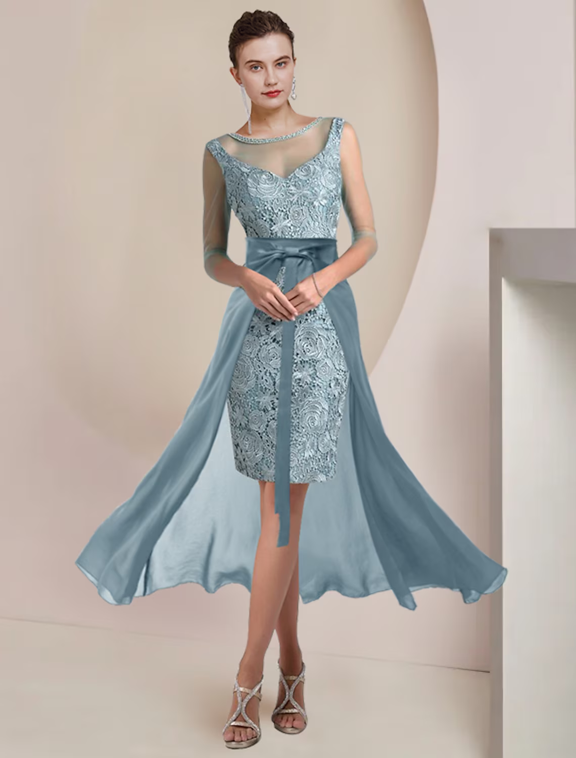 Two Piece Mother of the Bride Dress Formal Wedding Guest Vintage Elegant Length Knee Length Chiffon Lace Length Sleeve with Beading Appliques