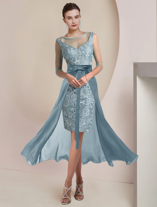 Two Piece Mother of the Bride Dress Formal Wedding Guest Vintage Elegant Length Knee Length Chiffon Lace Length Sleeve with Beading Appliques