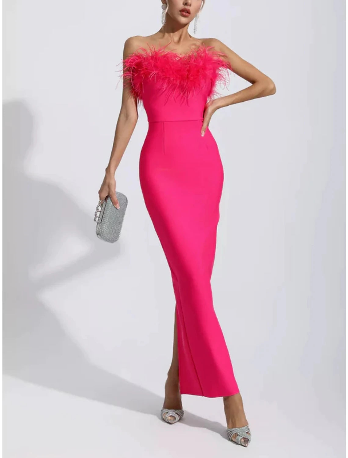 DingJiDress Black Sheath / Column Evening Gown Elegant Dress Formal Fall Ankle Length Sleeveless Strapless Stretch Fabric with Feather