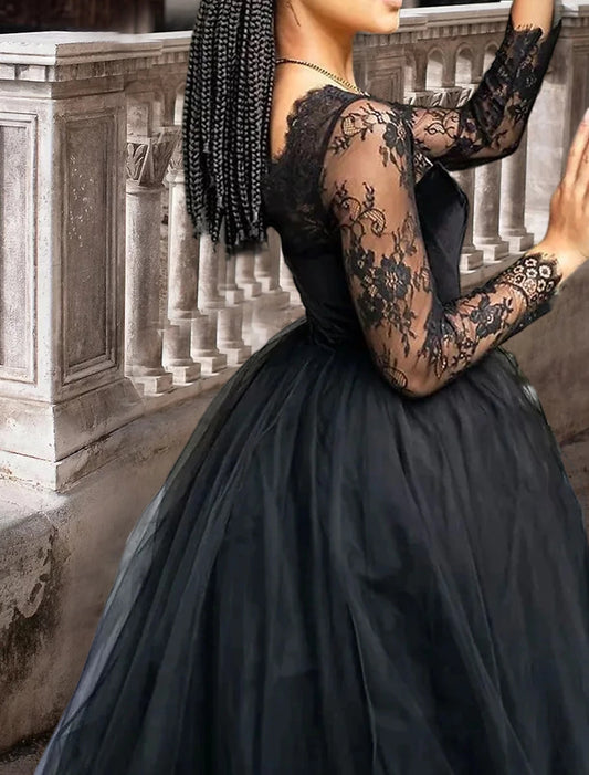 Black Wedding Dresses Formal A-Line Square Neck 3/4 Length Sleeve Floor Length Lace Gothi Fall Halloween Bridal Gowns With Pleats