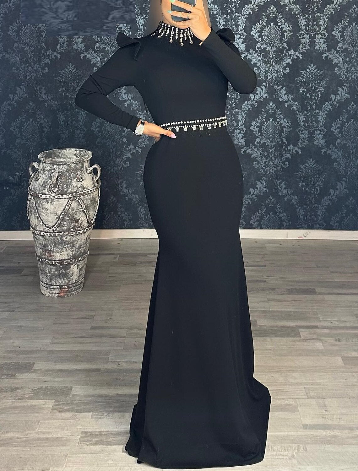 Mermaid Black Dress Evening Gown Elegant Dress Formal Masquerade Floor Length Long Sleeve High Neck Stretch Fabric with Rhinestone