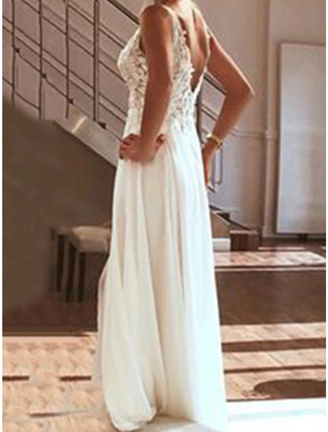 DingJiDress Beach Wedding Dresses A-Line V Neck Sleeveless Floor Length Chiffon Bridal Gowns With Appliques Split