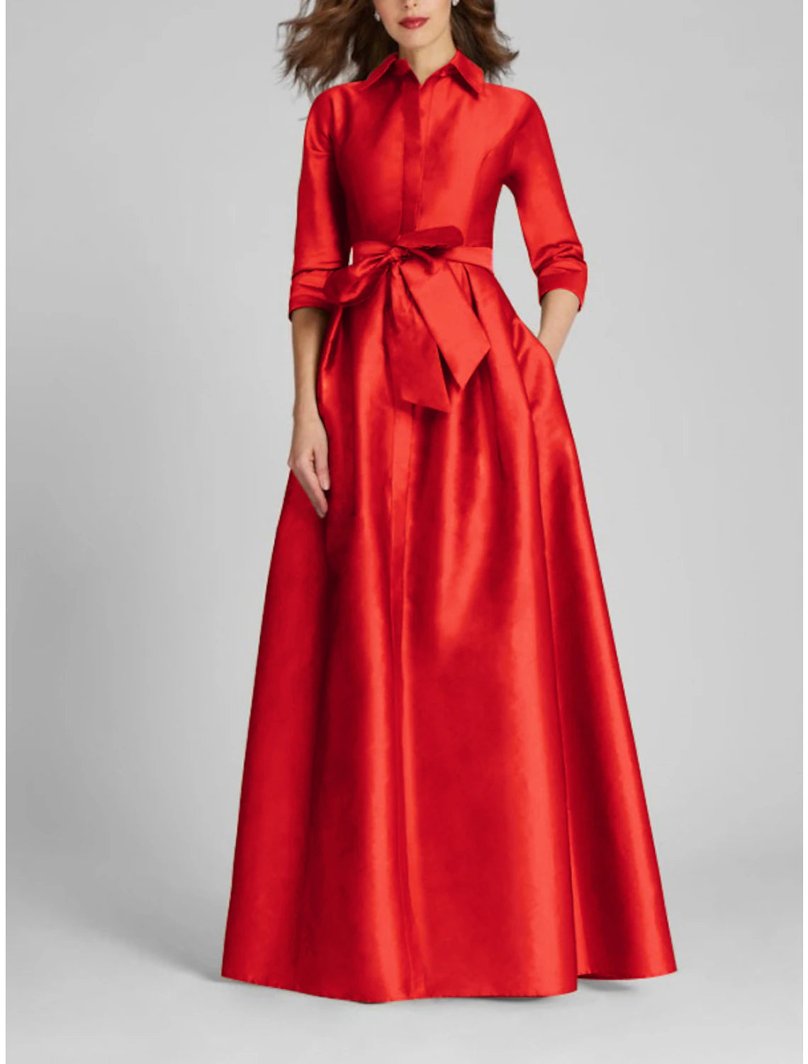 Satin A-Line Evening Gown Minimalist Black Christmas Dress Formal Fall Floor Length Half Sleeve Shirt Collar with Bow(s) Pleats