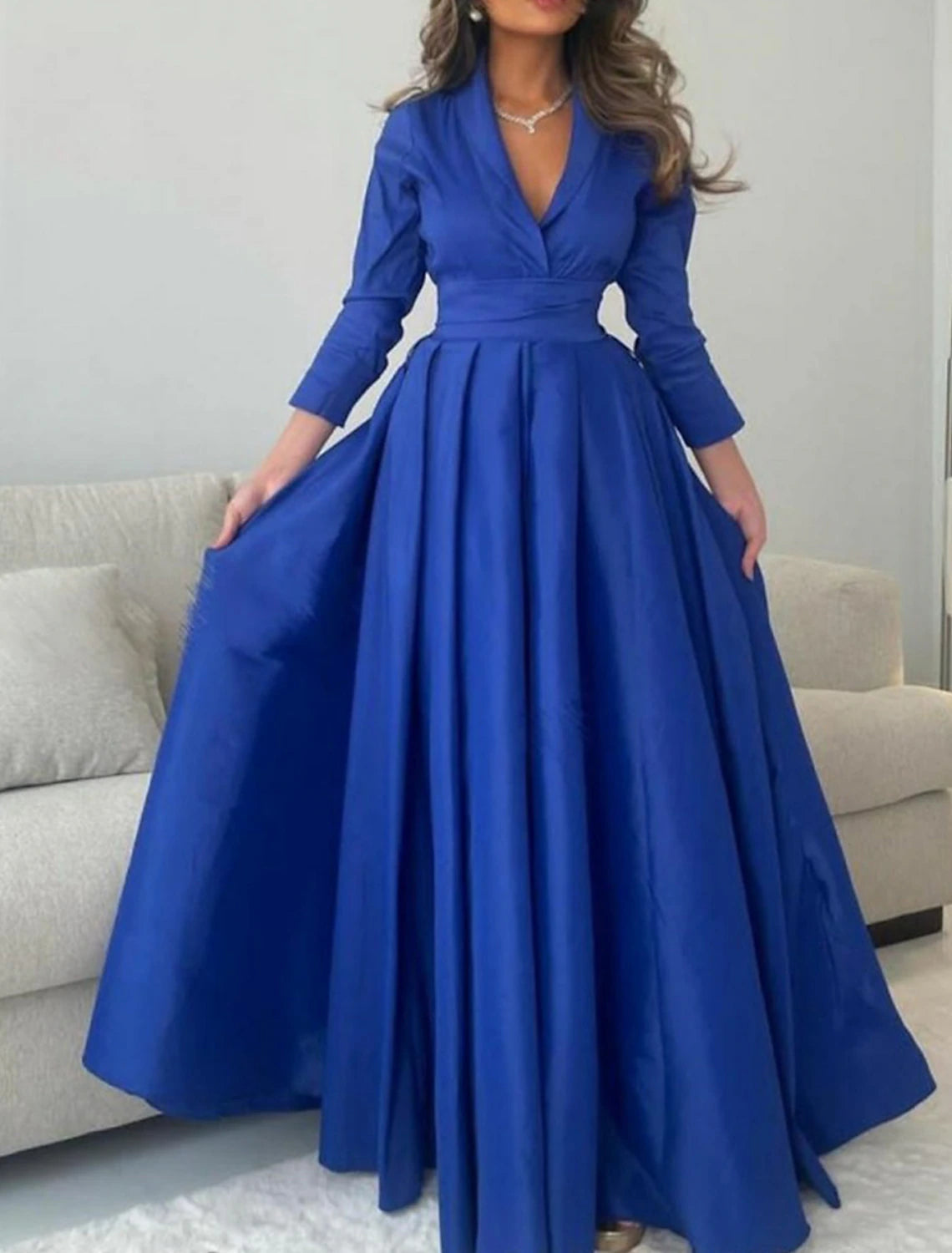 A-Line Evening Gown Elegant Dress Formal Christmas Floor Length 3/4 Length Sleeve V Neck Satin with Pleats