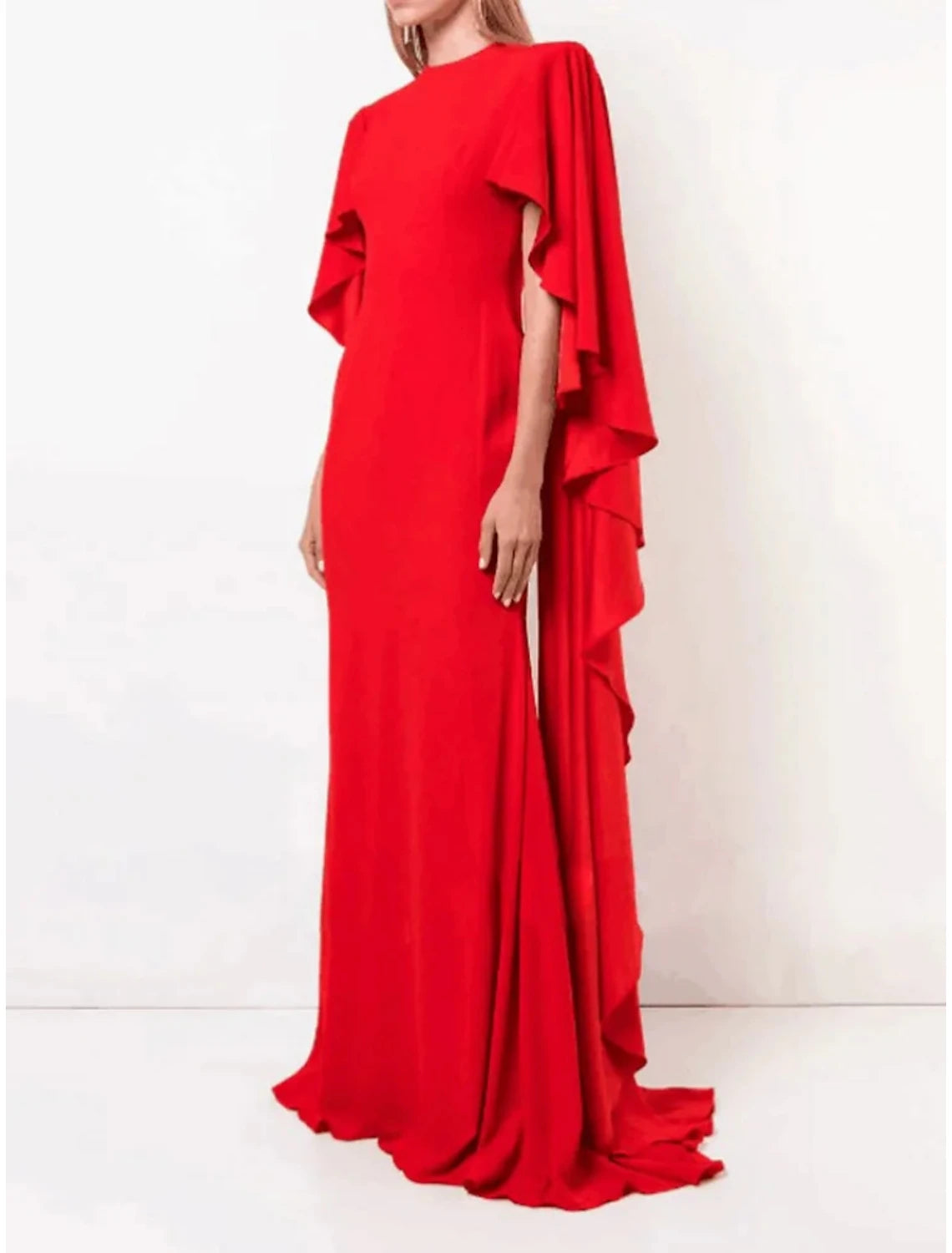 A-Line Evening Gown Elegant Dress Formal Sweep / Brush Train Long Sleeve Jewel Neck Stretch Chiffon with Pleats Ruffles