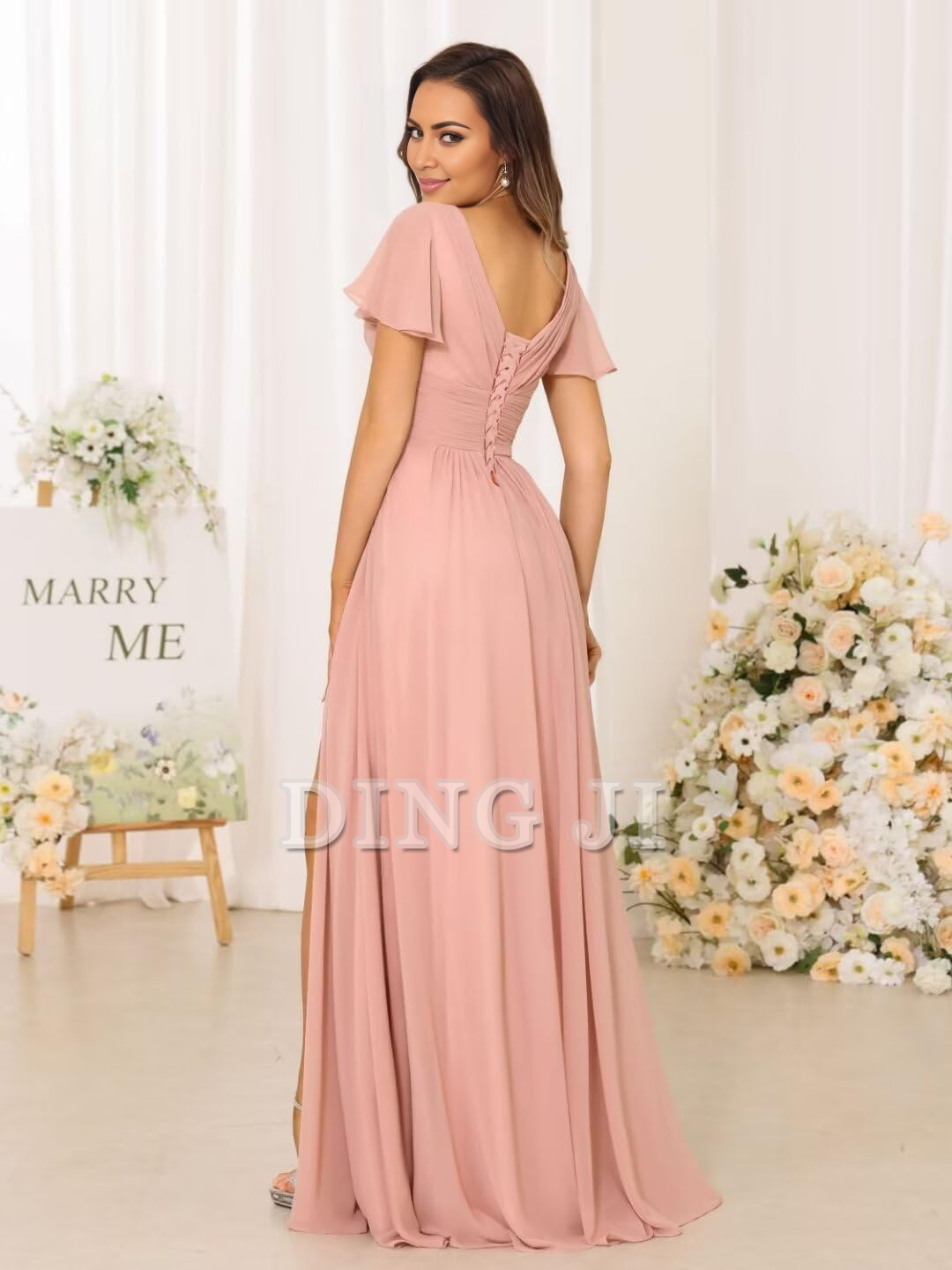 DingJiDress Bridesmaid Dresses Exquisite V Neck Pleated Side Slit Romantic Formal Wear Dresses