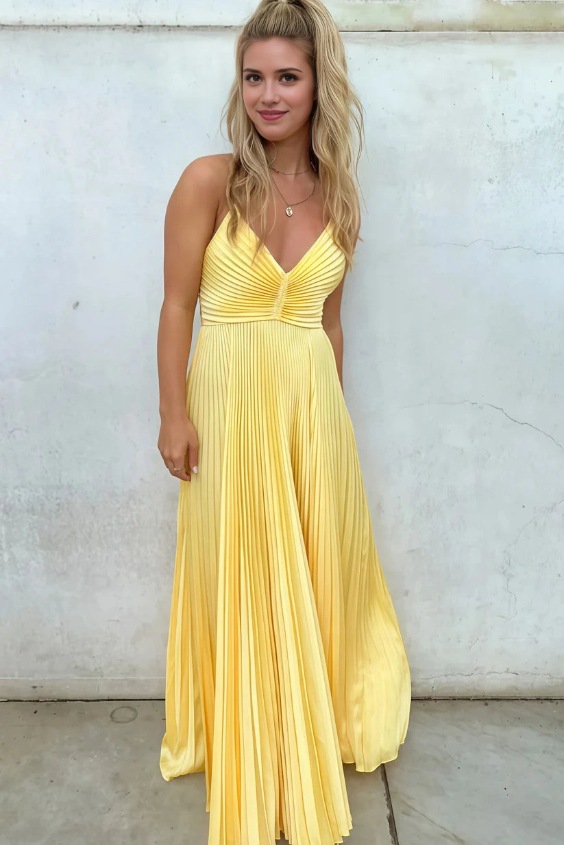 DingJiDress Formal Dress Modest A-Line V-Neck Spaghetti Straps Lace Up Pleated Party Fashion Prom Dress