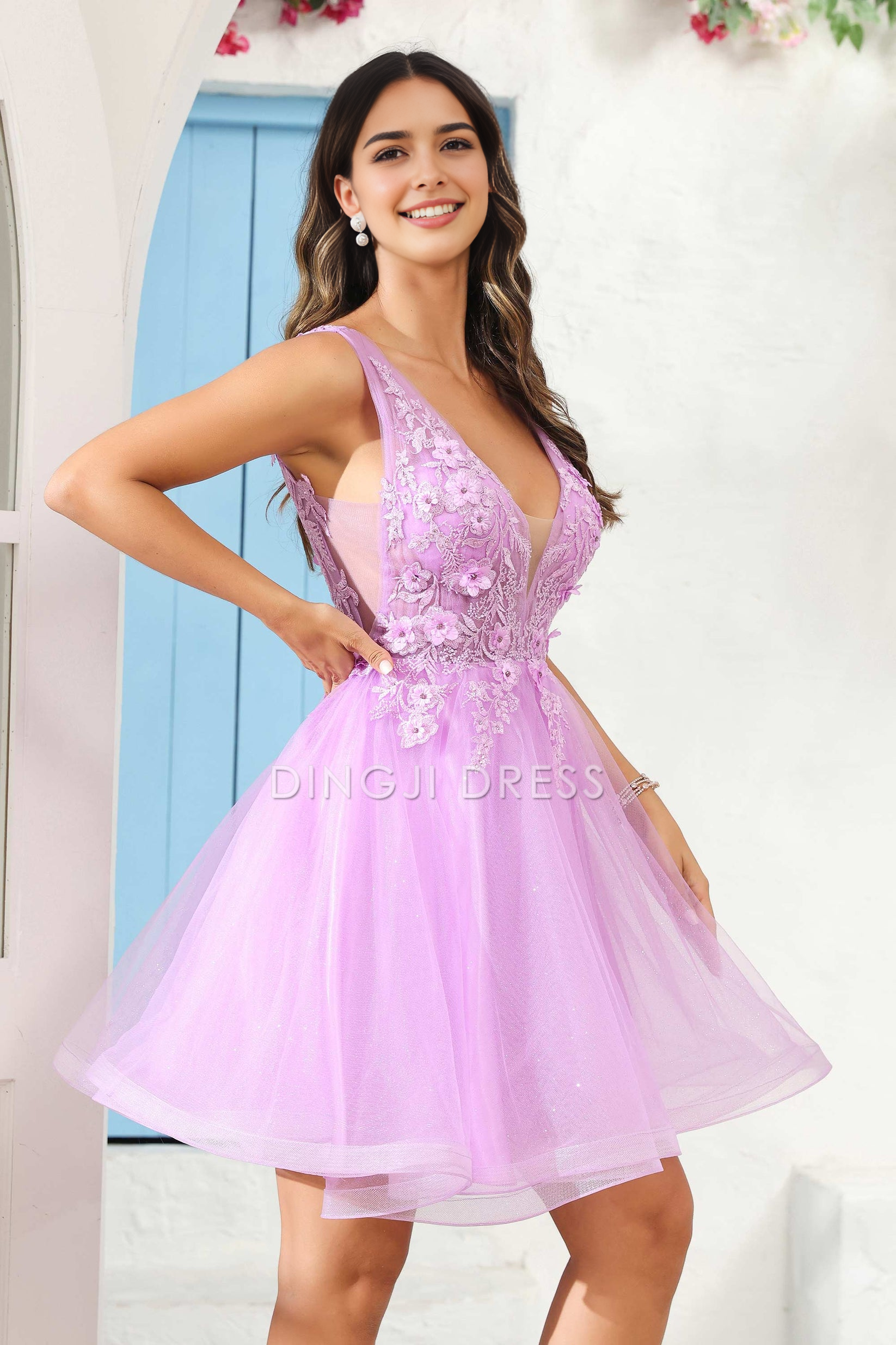 DingJiDress Hot Sale Homecoming Dress Gorgeous A Line Deep V Neck 3D Floral Applique Youthful Mini Dress