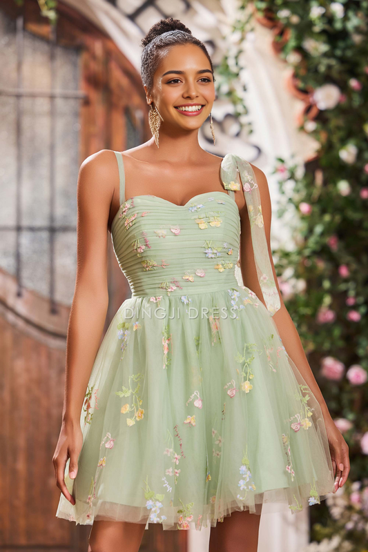 DingJiDress Hot Sale Homecoming Dress Fashion A-Line Spaghetti Strap Pleated Applique Bow Straps Knee-Length Cute Dresses
