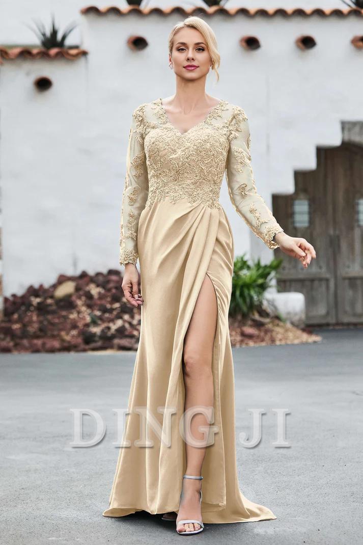 DingJiDress Mother of the Bride Dresses Lace Applique V-neck Long Sleeves High Slit Elegant Dignified Dress Wedding Guests Dresses