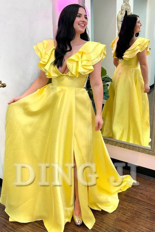 DingJiDress Evening Dress A-Line Deep V-Neck Ruffle Long Elegant Side Fork Gorgeous Romantic Formal Women's Dresses Wedding Guest Dresses