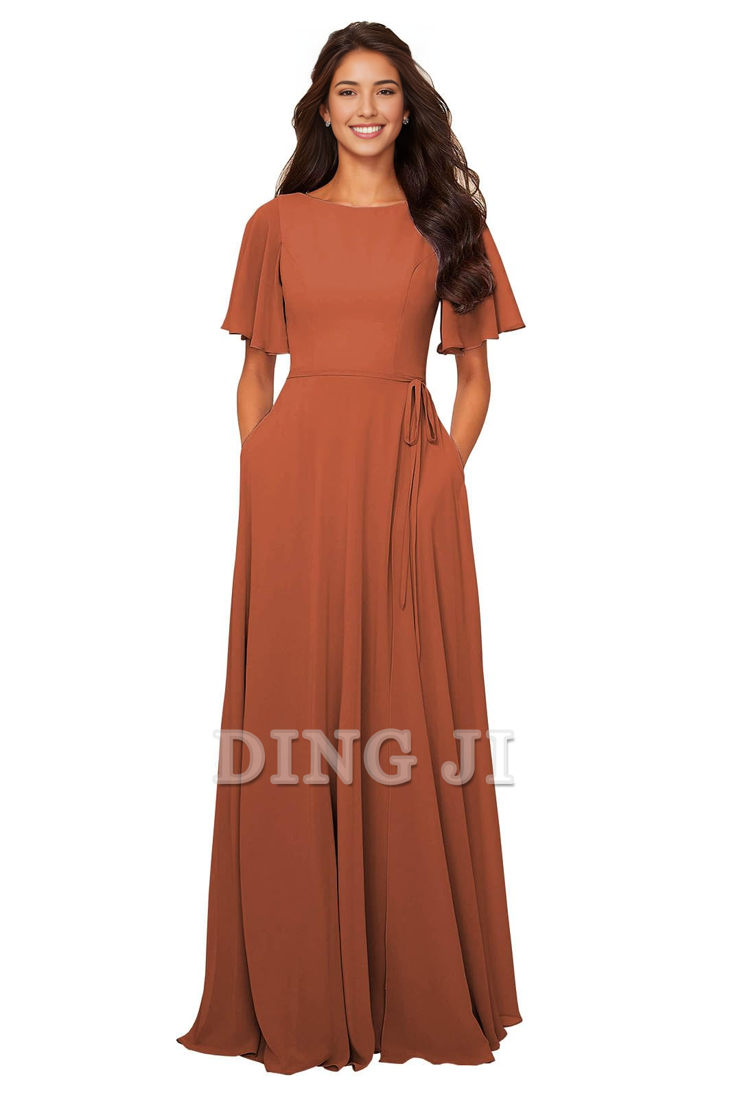 DingJiDress Bridesmaid Dresses Chiffon Modest A Line Bateau Neck Flutter Sleeve Elegant Formal Wear Dresses