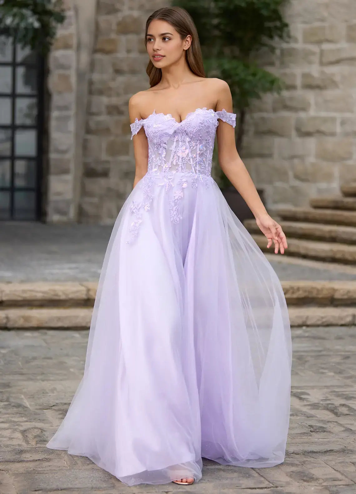 Purple Gossamer A Line Off-the-Shoulder Sweetheart Neckline Lace Applique Backless Side Fork Affordable Formal Dress Elegant Prom Dress