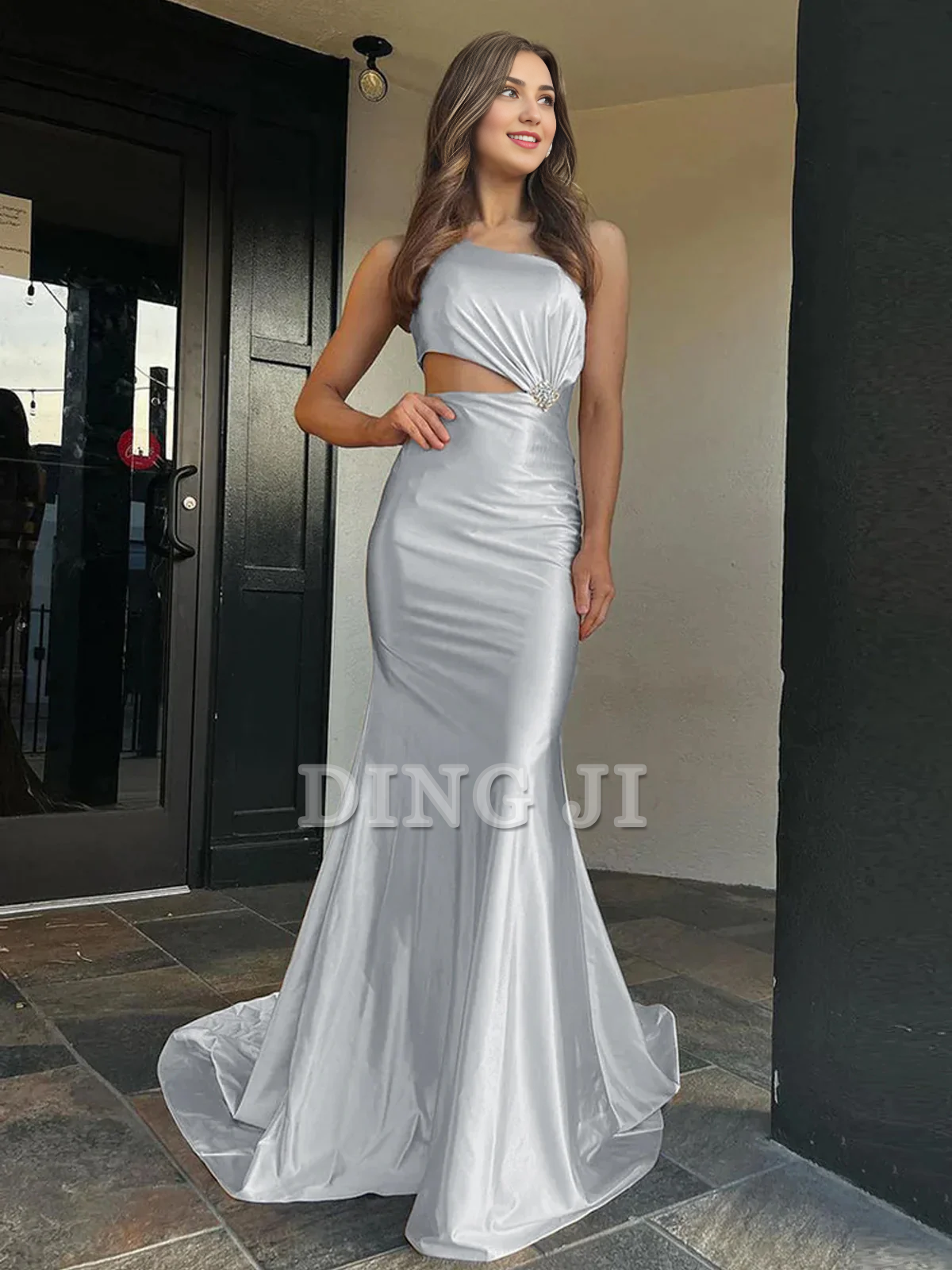 DingJiDress Elegant Evening Dress One-Shoulder Sleeveless Mermaid Cultivate oneself Sweep Train Prom Dress Show Waist Charming Formal Wear Dresses Wedding Guest Dresses