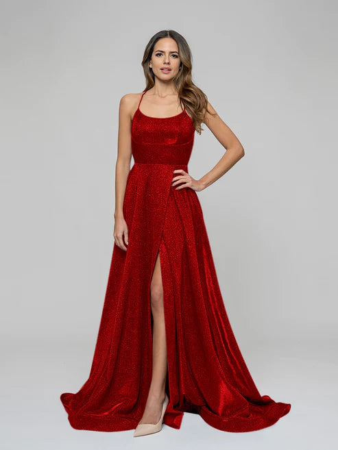 DingJiDress Halter Metallic Glitter Criss Cross Back A Line Prom Dresses