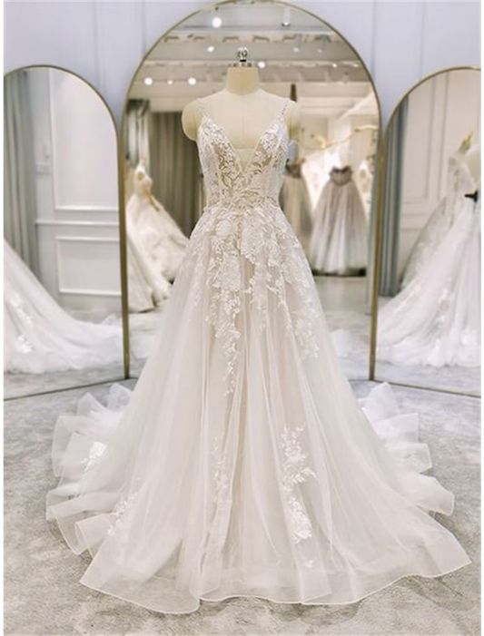 Engagement Formal Wedding Dresses  A-Line Sleeveless Strap Lace With Ruffles Appliques