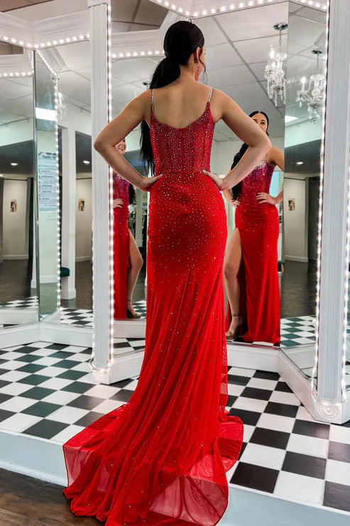 DingJiDress Red Evening Dress Scoop Neck Beaded Mermaid Long Prom Dresses
