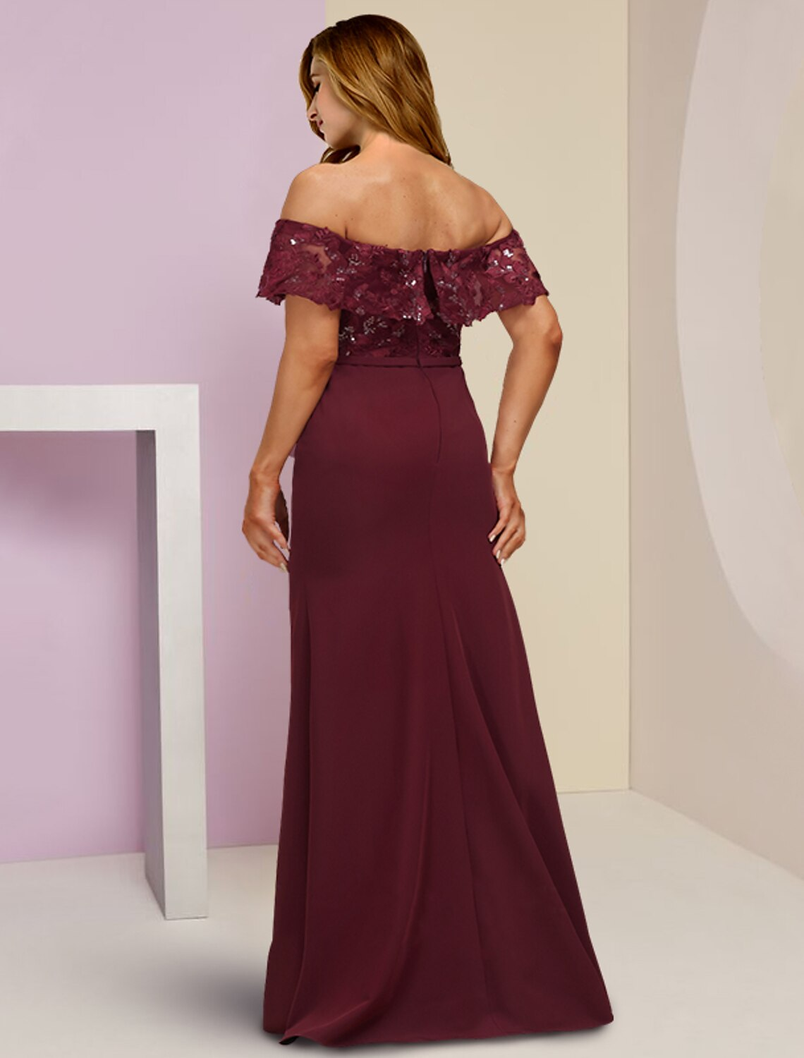 Plus Size Curve Mother of the Bride Dress Wedding Guest Party Elegant Off Shoulder Floor Length Chiffon Lace Short Sleeve with Sequin Ruffles