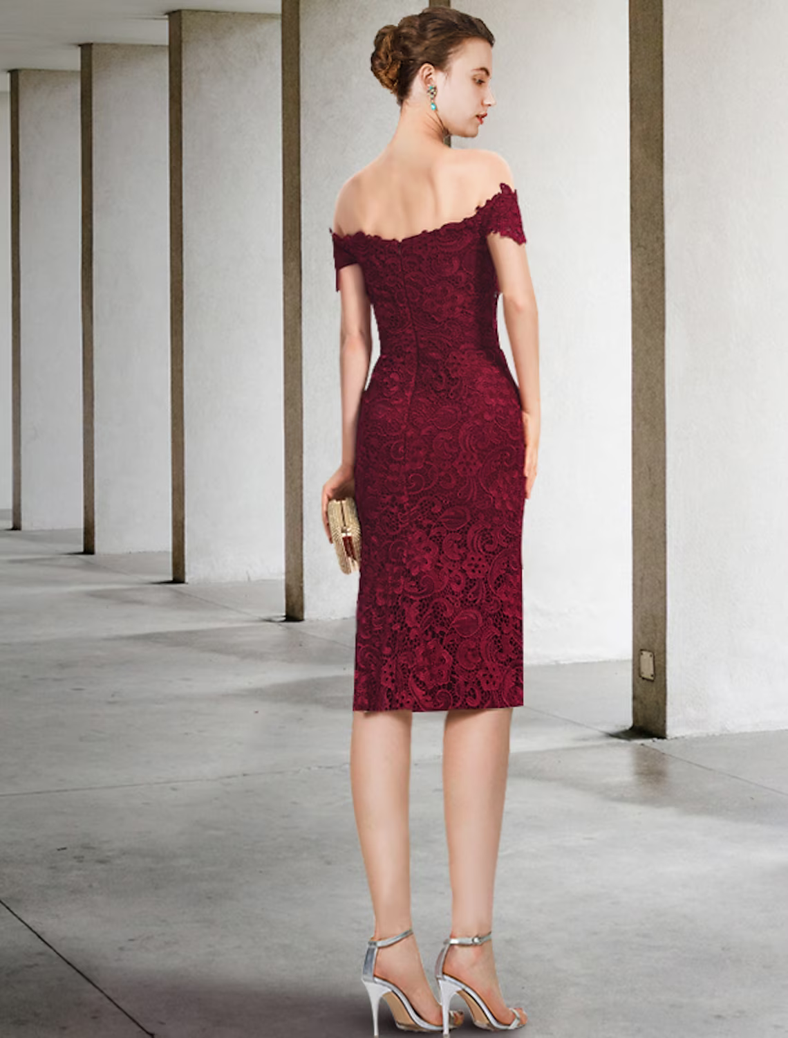 Two Piece Mother of the Bride Dress Formal Wedding Guest Party Elegant Off Shoulder Knee Length Chiffon Lace Short Sleeve with Appliques