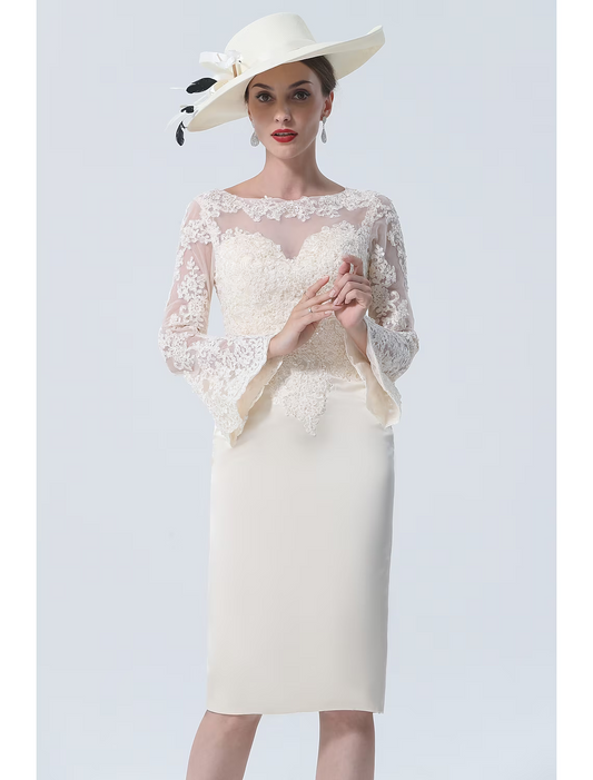 Mother of the Bride Dress Vintage Plus Size Elegant Knee Length Satin Lace Long Sleeve with Lace