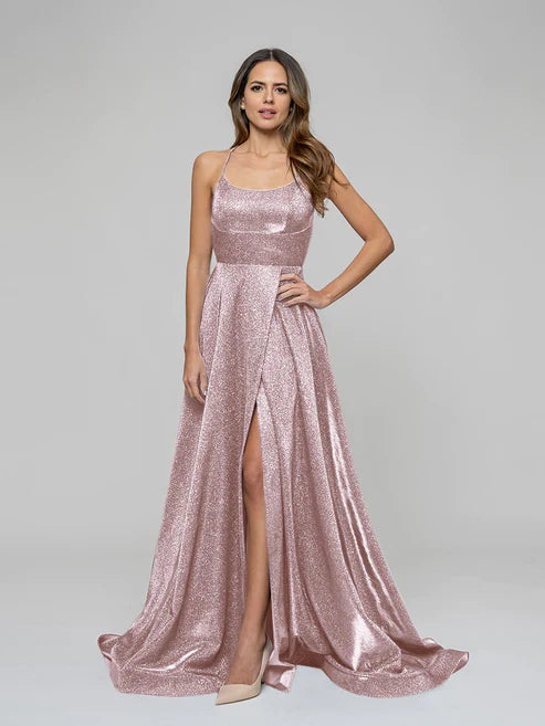 DingJiDress Halter Metallic Glitter Criss Cross Back A Line Prom Dresses