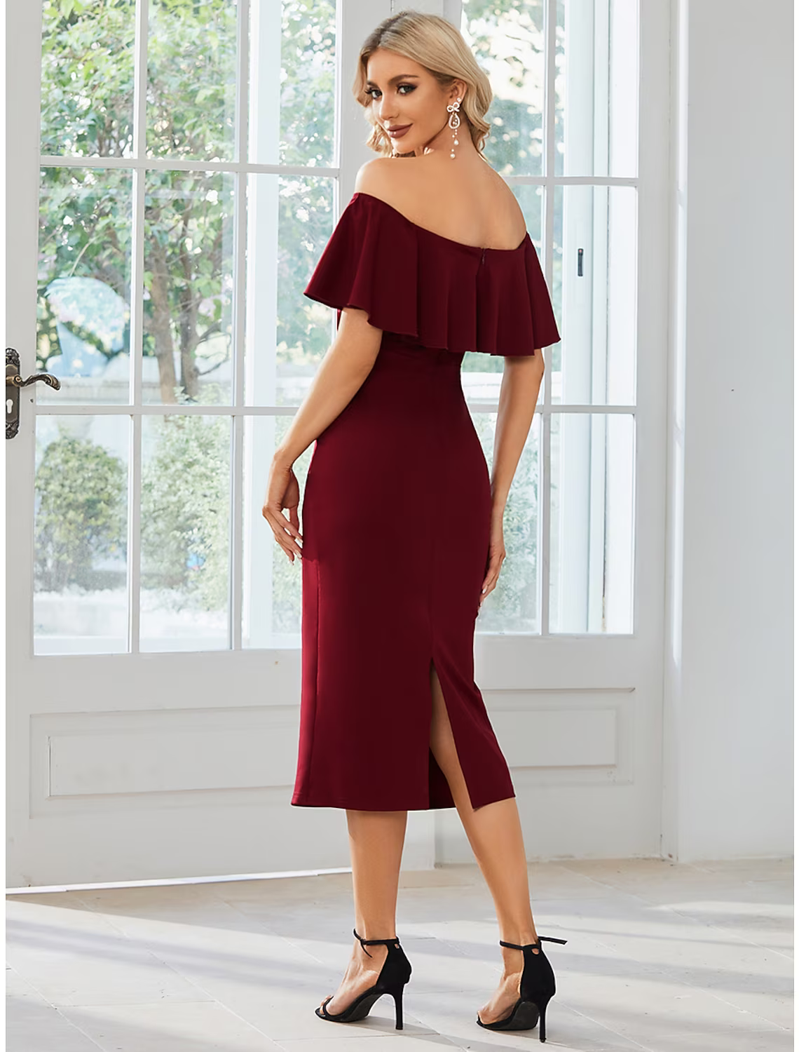 Wedding Guest Dresses Dress Party Wear Tea Length Short Sleeve Off Shoulder Stretch Fabric with Slit