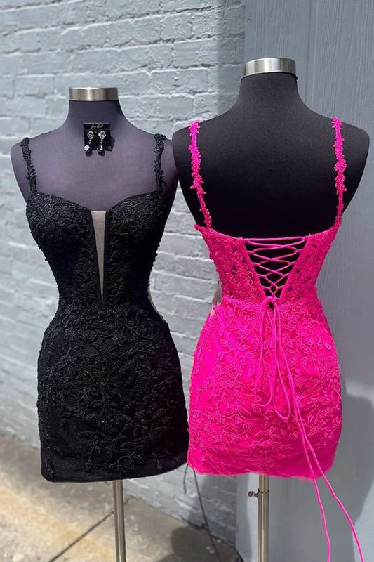 DingJiDress Homecoming Dress Fuchsia Spaghetti Straps Applique Tight Graduation Dresses