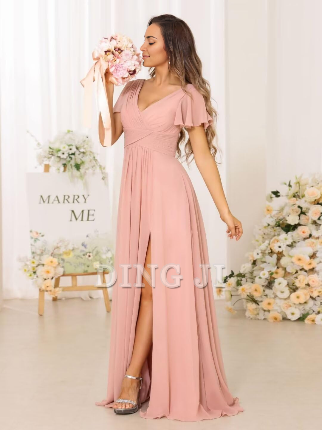 DingJiDress Bridesmaid Dresses Exquisite V Neck Pleated Side Slit Romantic Formal Wear Dresses