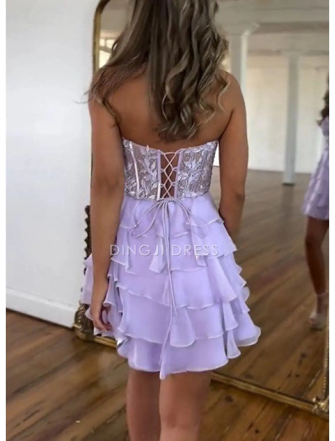 DingJiDress Hot Sale Short Prom Dress A-Line Corsets Dress Holiday Graduation Sleeveless Strapless Lace with Appliques Tiers Exquisite New Homecoming Dress