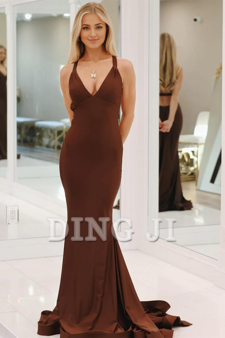 DingJiDress Evening Dress V Neck Mermaid Cultivate oneself Backless Satin Long Prom Dress Personality Formal Women's Dresses Wedding Guest Dresses