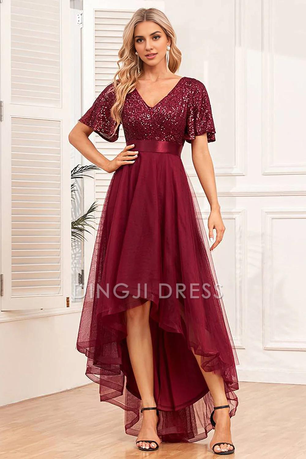 DingJiDress High Quality Dress Evening Dress Unique High-Low A-Line Sequins V Neck Short Sleeve Ruched Long Prom Dress