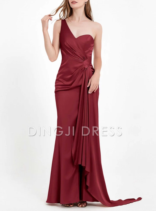 DingJiDress Evening Dress Exquisite Sheath One Shoulder Sleeveless Pleated Luxe Long Satin Floor-Length Elegant Formal Dress