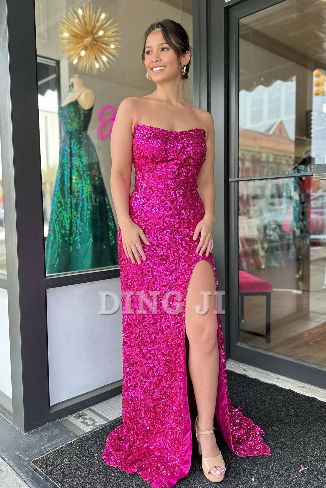 DingJiDress Sparkle Charming Evening Dress Strapless Sequins Long Prom Dress Side Fork Sparkle Formal Wear Dresses Wedding Guest Dresses