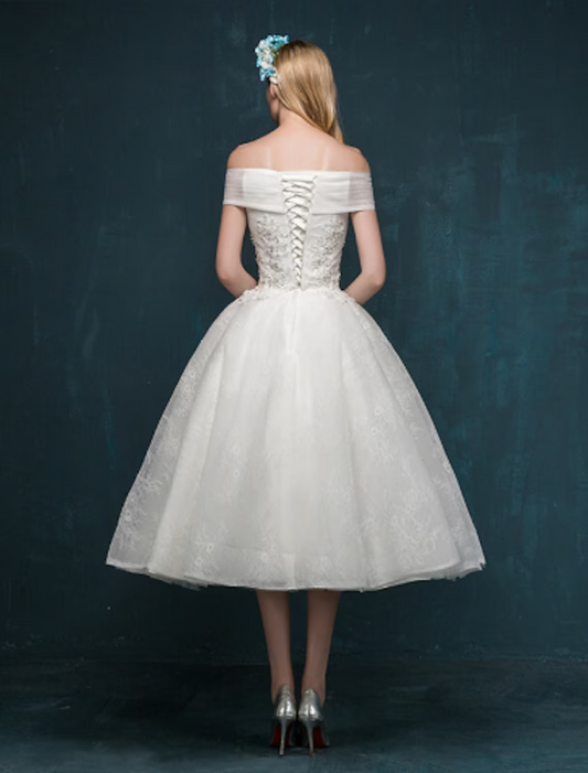 Little White Dresses Wedding Dresses Tea Length A-Line Short Sleeve Off Shoulder Beaded Lace With Beading Sequin