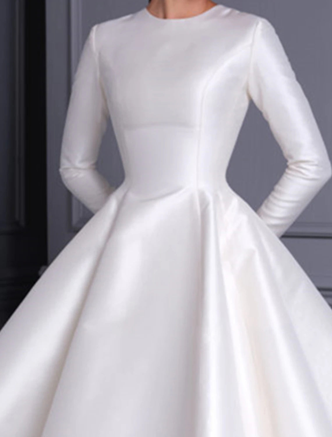 Bridal Shower Wedding Dresses Vintage 1940s / 1950s Little White Dresses A-Line Scoop Neck Long Sleeve Tea Length Satin Bridal Gowns