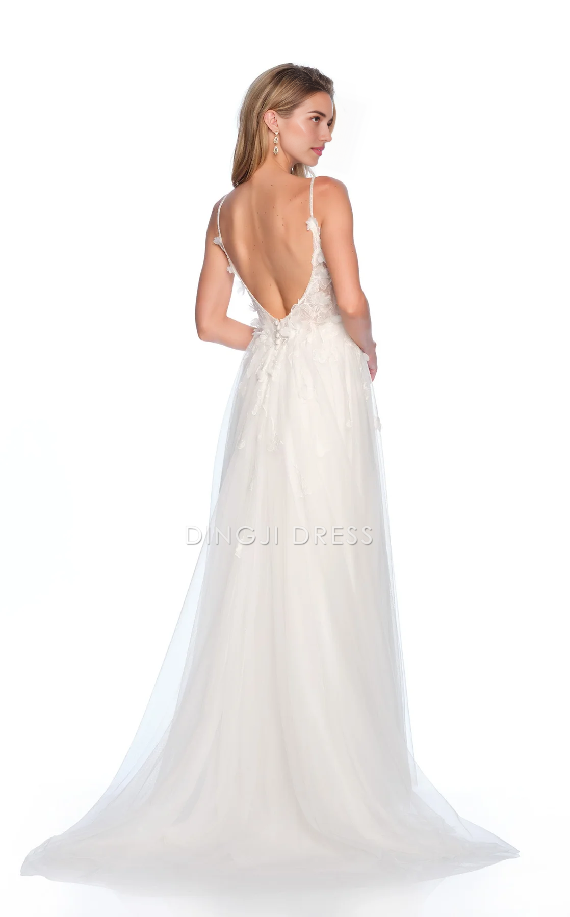 DingJiDress Hot Sale Wedding Dress Exquisite A Line V Neck Spaghetti Strap 3D Flower Backless Floor-Length Lovely Fantastic Formal Wear Dresses